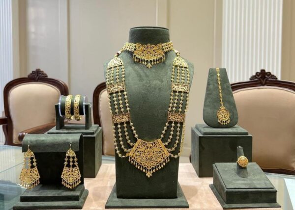 Royal Multi Layer Gold Necklace Set with Bangles, Earrings, and Maang Tikka