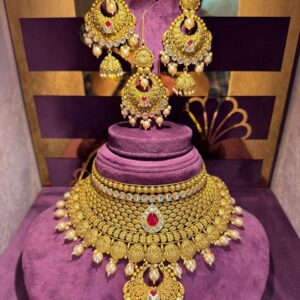Gold Necklace and Earrings Set with Pearls & Red Stones